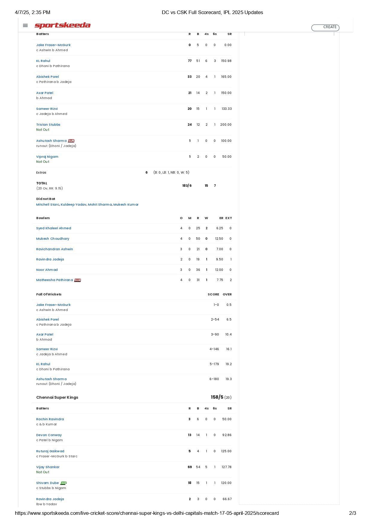 CSK vs DC 2025 scorecard.
